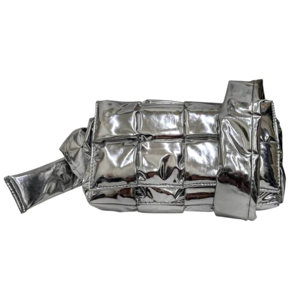 Bottega Veneta Padded Tech Cassette Intrecciato Metallic Shoulder Bag Silver